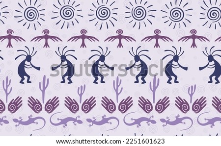 Kokopelli with flute, pangolin, hawk, sun symbol, hands and plant tribal vector seamless pattern. Pueblo fertility god motif. Kokopelli powwow design. Aboriginal ethnic pattern. Animals motif.