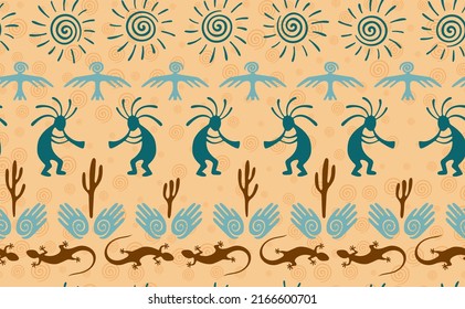 Kokopelli with flute, pangolin, hawk, volute sun, hands and cactus tribal vector seamless pattern. Anasazi fertility god motif. Kokopelli powwow design. Native american folk pattern. Animals motif.