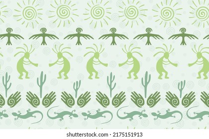 Kokopelli with flute, pangolin, hawk, volute sun, hands and cactus tribal vector seamless pattern. Aztec fertility god motif. Kokopelli powwow design. Native american folk pattern. Nature motif.