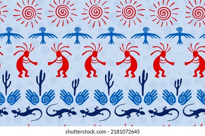 Kokopelli with flute, pangolin, hawk, volute sun, hands and cactus tribal vector seamless pattern. Aztec fertility god motif. Kokopelli powwow design. Aboriginal ethnic pattern. Nature motif.