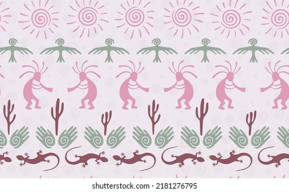 Kokopelli with flute, pangolin, hawk, volute sun, hands and cactus tribal vector seamless pattern. Indian fertility god motif. Kokopelli trance design. Native american folk pattern. Animals motif.