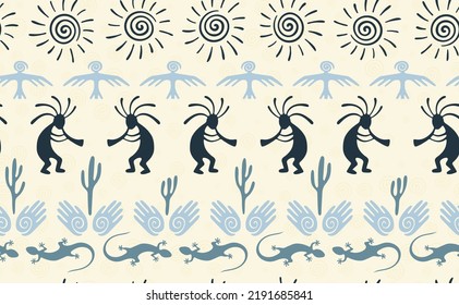 Kokopelli with flute, pangolin, hawk, volute sun, hands and cactus tribal vector seamless pattern. Anasazi fertility god motif. Kokopelli playing design. Aboriginal ethnic pattern. Nature motif.