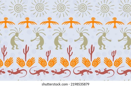 Kokopelli with flute, pangolin, hawk, volute sun, hands and cactus tribal vector seamless pattern. Aztec fertility god motif. Kokopelli trickster design. Southwestern ethnic pattern. Animals motif.