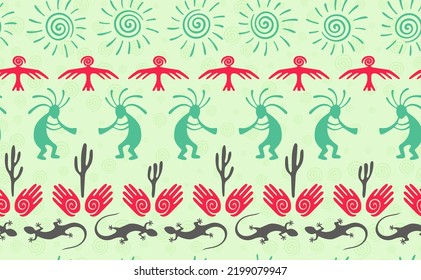 Kokopelli with flute, pangolin, hawk, volute sun, hands and cactus tribal vector seamless pattern. Aztec fertility god motif. Kokopelli playing design. Native american folk pattern. Nature motif.