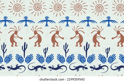 Kokopelli with flute, pangolin, hawk, volute sun, hands and cactus tribal vector seamless pattern. Hopi fertility god motif. Kokopelli wizard design. Native american folk pattern. Animals motif.