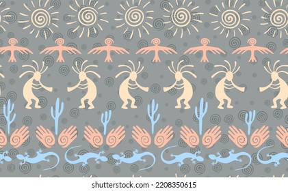 Kokopelli with flute, pangolin, hawk, volute sun, hands and cactus tribal vector seamless pattern. Anasazi fertility god motif. Kokopelli dancer design. Native american folk pattern. Nature motif.