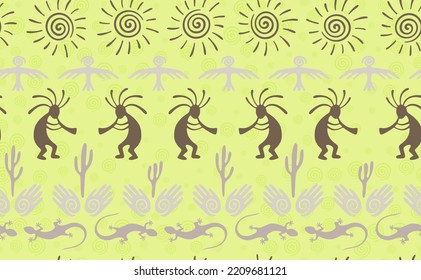 Kokopelli with flute, pangolin, hawk, volute sun, hands and cactus tribal vector seamless pattern. Anasazi fertility god motif. Kokopelli wizard design. Southwestern ethnic pattern. Animals motif.