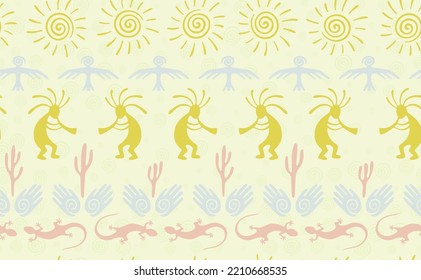 Kokopelli with flute, pangolin, hawk, volute sun, hands and cactus tribal vector seamless pattern. Pueblo fertility god motif. Kokopelli sorcerer design. Native american folk pattern. Nature motif.