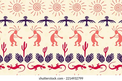 Kokopelli with flute, pangolin, hawk, volute sun, hands and cactus tribal vector seamless pattern. Aztec fertility god motif. Kokopelli sorcerer design. Aboriginal ethnic pattern. Nature motif.