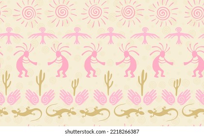 Kokopelli with flute, pangolin, hawk, volute sun, hands and cactus tribal vector seamless pattern. Aztec fertility god motif. Kokopelli trickster design. Southwestern ethnic pattern. Animals motif.