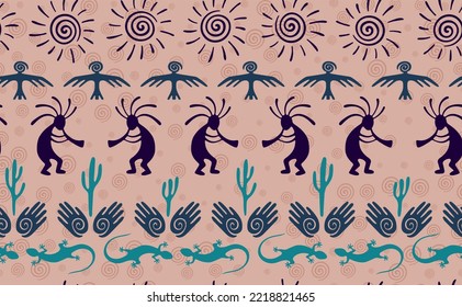 Kokopelli with flute, pangolin, hawk, volute sun, hands and cactus tribal vector seamless pattern. Aztec fertility god motif. Kokopelli trickster design. Aboriginal ethnic pattern. Nature motif.