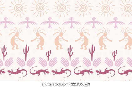 Kokopelli with flute, pangolin, hawk, volute sun, hands and cactus tribal vector seamless pattern. Indian fertility god motif. Kokopelli sorcerer design. Native american folk pattern. Animals motif.