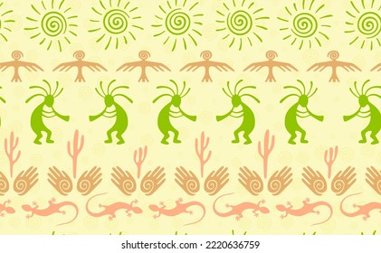 Kokopelli with flute, pangolin, hawk, volute sun, hands and cactus tribal vector seamless pattern. Pueblo fertility god motif. Kokopelli playing design. Aboriginal ethnic pattern. Animals motif.