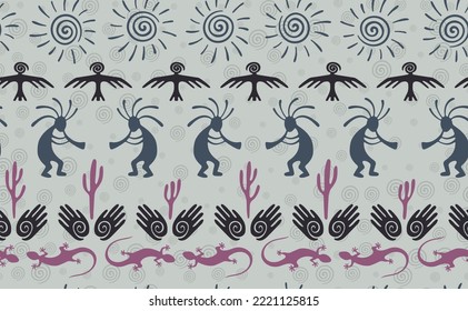 Kokopelli with flute, pangolin, hawk, volute sun, hands and cactus tribal vector seamless pattern. Indian fertility god motif. Kokopelli trance design. Southwestern ethnic pattern. Nature motif.