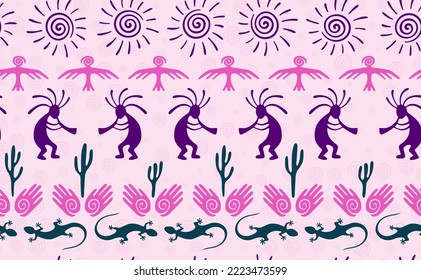 Kokopelli with flute, pangolin, hawk, volute sun, hands and cactus tribal vector seamless pattern. Pueblo fertility god motif. Kokopelli powwow design. Aboriginal ethnic pattern. Animals motif.