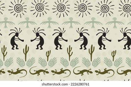 Kokopelli with flute, pangolin, hawk, volute sun, hands and cactus tribal vector seamless pattern. Aztec fertility god motif. Kokopelli dancer design. Aboriginal ethnic pattern. Nature motif.