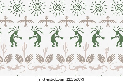 Kokopelli with flute, pangolin, hawk, volute sun, hands and cactus tribal vector seamless pattern. Anasazi fertility god motif. Kokopelli dancer design. Southwestern ethnic pattern. Animals motif.