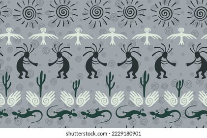 Kokopelli with flute, pangolin, hawk, volute sun, hands and cactus tribal vector seamless pattern. Indian fertility god motif. Kokopelli trance design. Southwestern ethnic pattern. Nature motif.