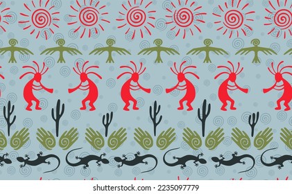 Kokopelli with flute, pangolin, hawk, volute sun, hands and cactus tribal vector seamless pattern. Aztec fertility god motif. Kokopelli sorcerer design. Southwestern ethnic pattern. Animals motif.