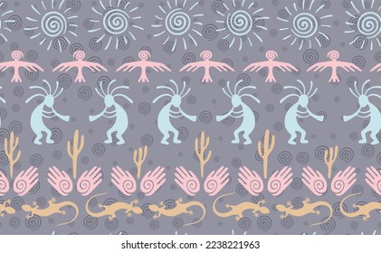 Kokopelli with flute, pangolin, hawk, volute sun, hands and cactus tribal vector seamless pattern. Pueblo fertility god motif. Kokopelli dancer design. Aboriginal ethnic pattern. Animals motif.