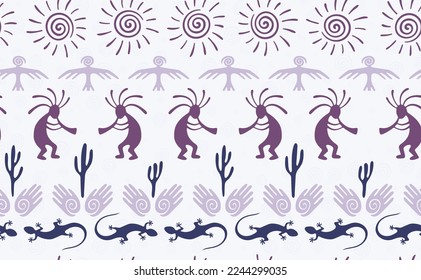 Kokopelli with flute, pangolin, hawk, volute sun, hands and cactus tribal vector seamless pattern. Aztec fertility god motif. Kokopelli powwow design. Southwestern ethnic pattern. Nature motif.