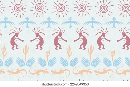 Kokopelli with flute, pangolin, hawk, volute sun, hands and cactus tribal vector seamless pattern. Aztec fertility god motif. Kokopelli trickster design. Aboriginal ethnic pattern. Animals motif.