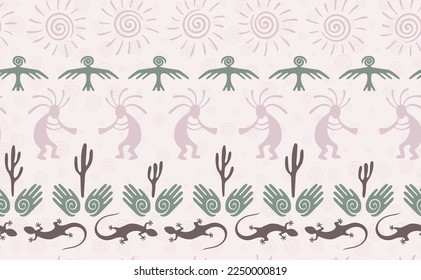 Kokopelli with flute, pangolin, hawk, volute sun, hands and cactus tribal vector seamless pattern. Aztec fertility god motif. Kokopelli playing design. Aboriginal ethnic pattern. Nature motif.