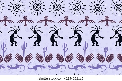 Kokopelli with flute, pangolin, hawk, volute sun, hands and cactus tribal vector seamless pattern. Aztec fertility god motif. Kokopelli wizard design. Native american folk pattern. Nature motif.
