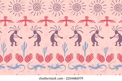 Kokopelli with flute, pangolin, hawk, volute sun, hands and cactus tribal vector seamless pattern. Pueblo fertility god motif. Kokopelli dancer design. Southwestern ethnic pattern. Animals motif.