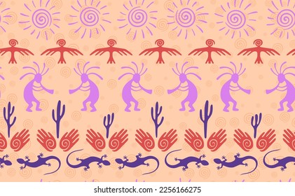Kokopelli with flute, pangolin, hawk, volute sun, hands and cactus tribal vector seamless pattern. Indian fertility god motif. Kokopelli wizard design. Native american folk pattern. Animals motif.