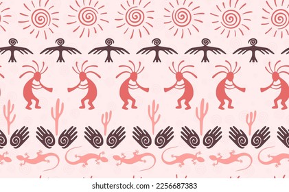 Kokopelli with flute, pangolin, hawk, volute sun, hands and cactus tribal vector seamless pattern. Hopi fertility god motif. Kokopelli trance design. Native american folk pattern. Nature motif.