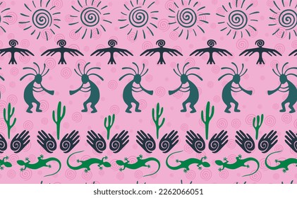 Kokopelli with flute, pangolin, hawk, volute sun, hands and cactus tribal vector seamless pattern. Aztec fertility god motif. Kokopelli powwow design. Southwestern ethnic pattern. Animals motif.