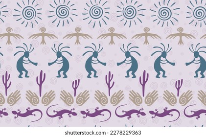 Kokopelli with flute, pangolin, hawk, volute sun, hands and cactus tribal vector seamless pattern. Aztec fertility god motif. Kokopelli sorcerer design. Aboriginal ethnic pattern. Animals motif.