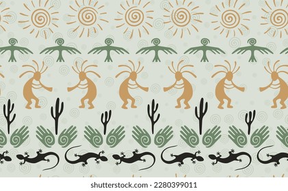 Kokopelli with flute, pangolin, hawk, volute sun, hands and cactus tribal vector seamless pattern. Aztec fertility god motif. Kokopelli trance design. Southwestern ethnic pattern. Animals motif.