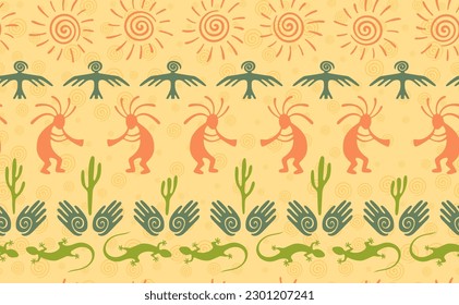 Kokopelli with flute, pangolin, hawk, volute sun, hands and cactus tribal vector seamless pattern. Pueblo fertility god motif. Kokopelli sorcerer design. Aboriginal ethnic pattern. Nature motif.