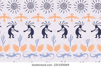 Kokopelli with flute, pangolin, hawk, volute sun, hands and cactus tribal vector seamless pattern. Anasazi fertility god motif. Kokopelli trance design. Aboriginal ethnic pattern. Nature motif.