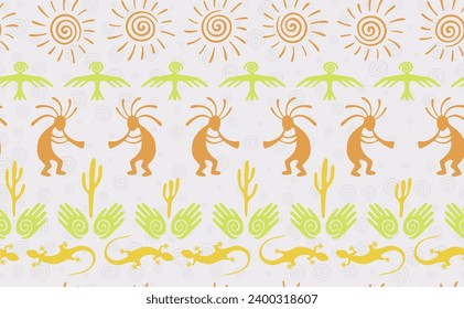 Kokopelli with flute, pangolin, hawk, volute sun, hands and cactus tribal vector seamless pattern. Anasazi fertility god motif. Kokopelli sorcerer design. Southwestern ethnic pattern. Nature motif.