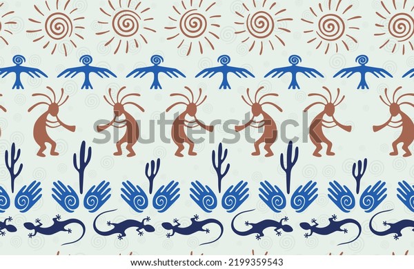Kokopelli with flute, pangolin, hawk, volute sun,\
hands and cactus tribal vector seamless pattern. Hopi fertility god\
motif. Kokopelli wizard design. Native american folk pattern.\
Animals motif.