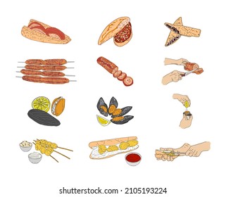 Kokorec, stuffed mussels, fried mussels, hand drawn vector design. Fast food menu design elements. Design element for logo, poster, menu, flyer, banner, menu, package. Vector.