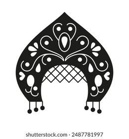 Kokoshnik silhouette icon. Black simple pictogram of traditional head decoration with pattern. Vector isolated element on white background