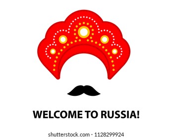 Kokoshnik. Welcome to Russia. Russian woman's headdress and man's mustache. Brutal image of Russia in the form of simple symbols. Vector template