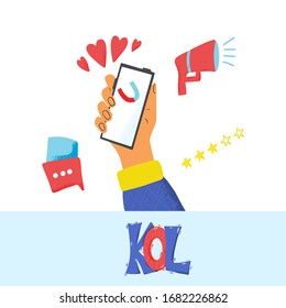 KOL concept. abbreviation of Key Opinion Leader. Human hand holding a phone. Smartphone surrounded influencers symbols isolated on white background. Vector flat color illustration.