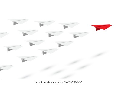 KOL red and white paper plane flying at common goal. Leader and followers. Key opinion leadership. Influencer and leading. Aiming to target. Teamwork. Vector origami airplanes with shadow illustration
