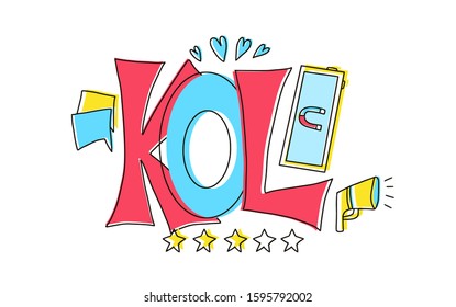 KOL text. Key opinion leader abbreviation advertising quote. Influencer concept.  Digital social media marketing with bloggers. Vector typography illustration.