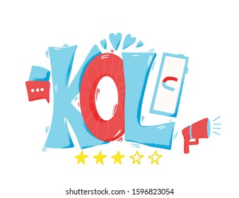 KOL text. Key opinion leader abbreviation advertising quote. Influencer concept.  Digital social media marketing with bloggers. Vector typography illustration.