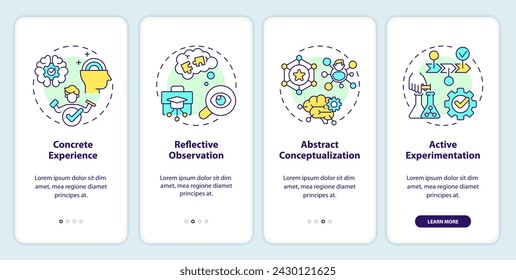 Kolbs experiential theory onboarding mobile app screen. Learning cycle walkthrough 4 steps editable graphic instructions with linear concepts. UI, UX, GUI template. Myriad Pro-Bold, Regular fonts used