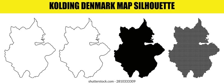 Kolding denmark municipality map silhouette illustration set containing four distinct design versions including contour outline solid black filled shape and decorative halftone dot pattern isolated against grey grid background.