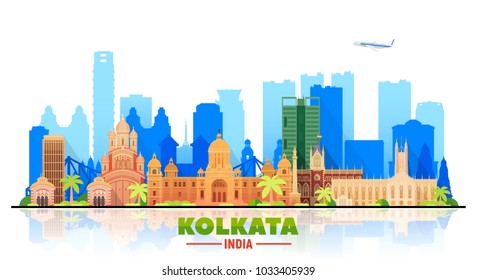 Kolkata ( Calcuta ) India skyline with panorama in white background. Vector Illustration. Business travel and tourism concept with modern buildings. Image for banner or web site.