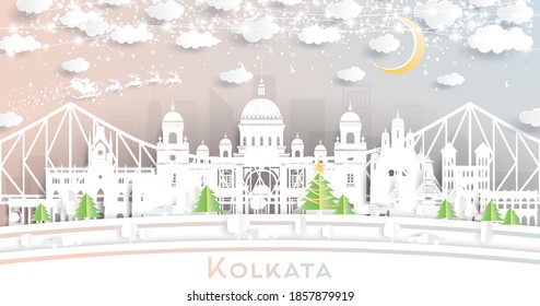 Kolkata (Calcutta) India City Skyline in Paper Cut Style with Snowflakes, Moon and Neon Garland. Vector Illustration. Christmas and New Year Concept. Santa Claus on Sleigh.
