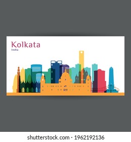 Kolkata city, India architecture silhouette. Colorful skyline. City flat design. Vector business card.